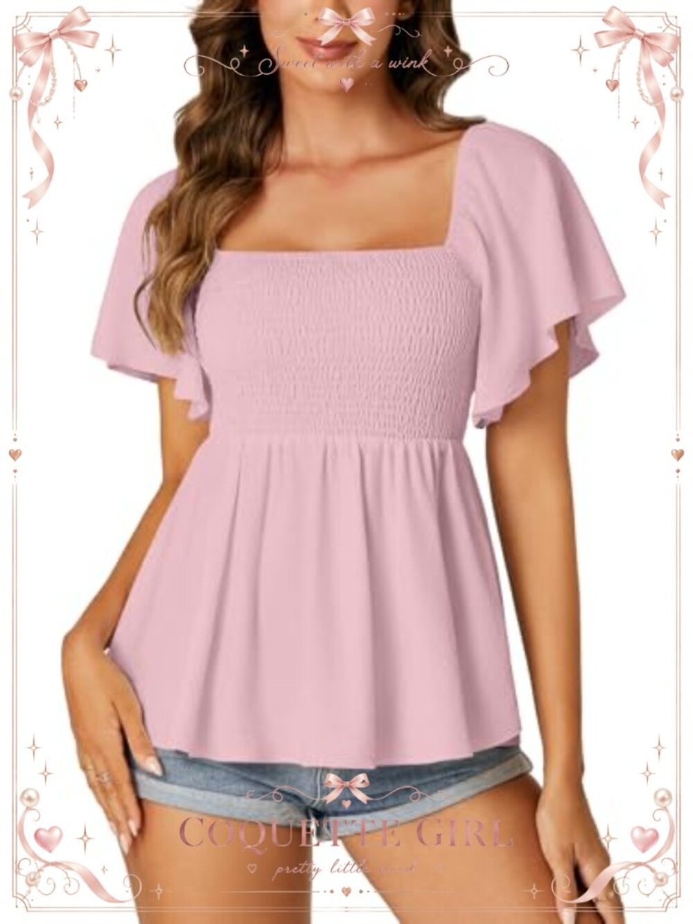 Square Neck Smocked Peplum Blouse Ruffle Short Sleeve Flowy Babydoll Top